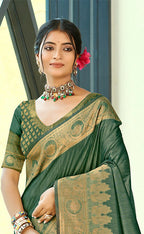 Sangam Prints Dark Green Assam Silk Woven Work Traditional Saree | Grocsy