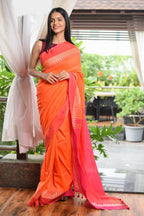 Very Much Indian Pure Cotton Handloom Saree With Intricate Borders - Orange | Grocsy
