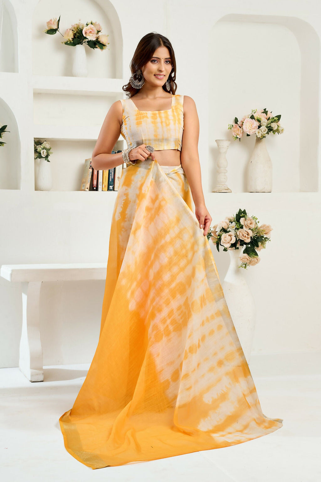 Vastranavya Yellow White Digital Printed Linen Ready To Wear Designer Saree with Unstitched Blouse | Grocsy