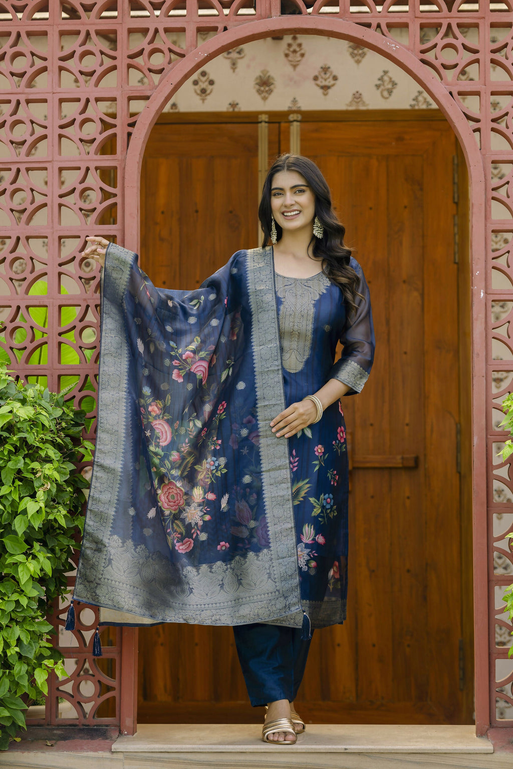The52 Women's Beautiful Printed Work Jacquard Organza Fabric Straight Kurta Pant and Dupatta Set | Grocsy