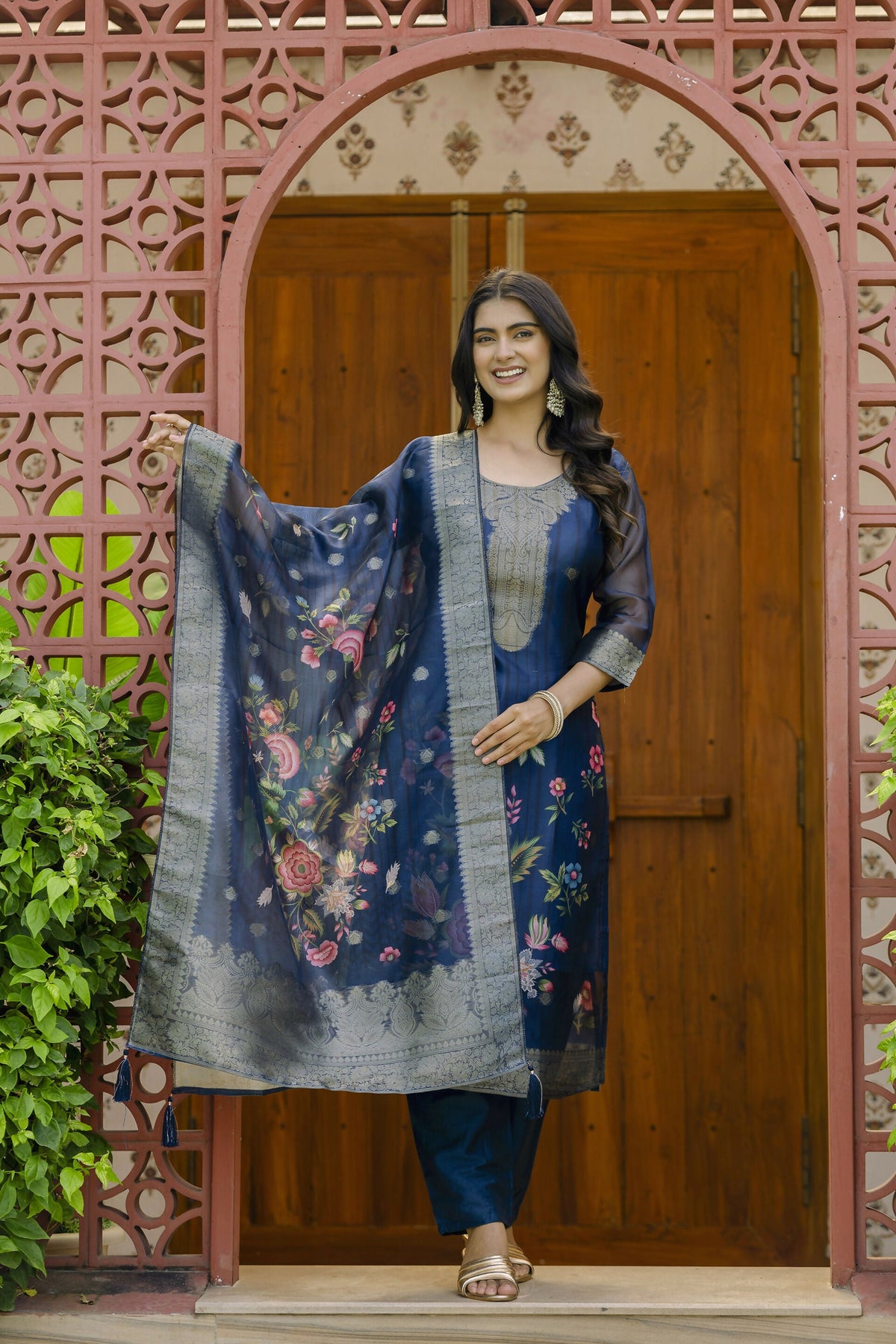 The52 Women's Beautiful Printed Work Jacquard Organza Fabric Straight Kurta Pant and Dupatta Set | Grocsy