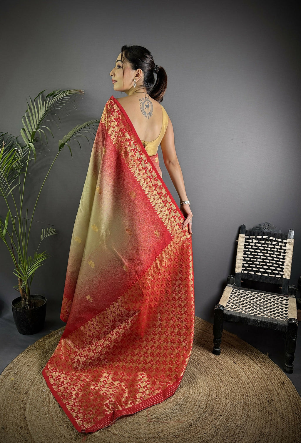 Joban Fashion Beige Handloom Silk Ikkat Saree | Grocsy