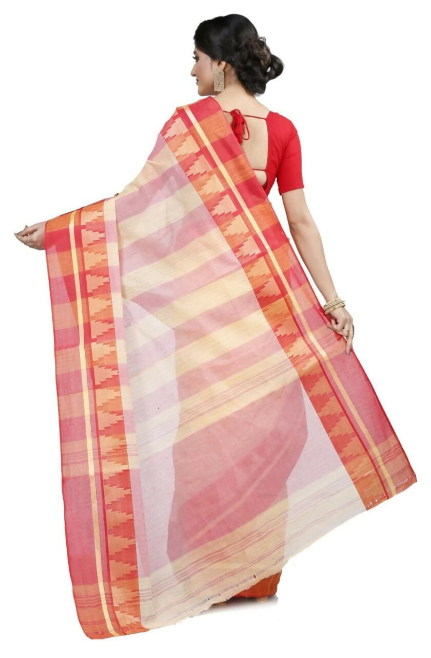 Exclusive Collection White Red 100% Pure Cotton Tant Saree | Grocsy