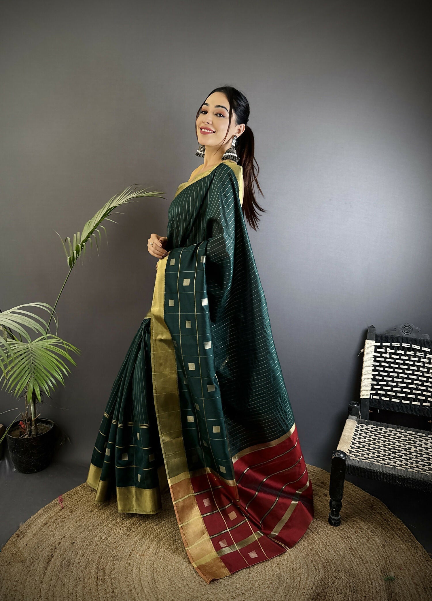 Joban Fashion Teal Bhagalpuri Cotton Silk Stripes/Box Saree | Grocsy