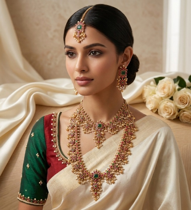 Jewel City Gold Plated Ruby Emerald Pearl Long Haram Necklace, Earrings & Maang Tikka | Grocsy