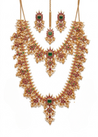 Jewel City Gold Plated Ruby Emerald Pearl Long Haram Necklace, Earrings & Maang Tikka | Grocsy