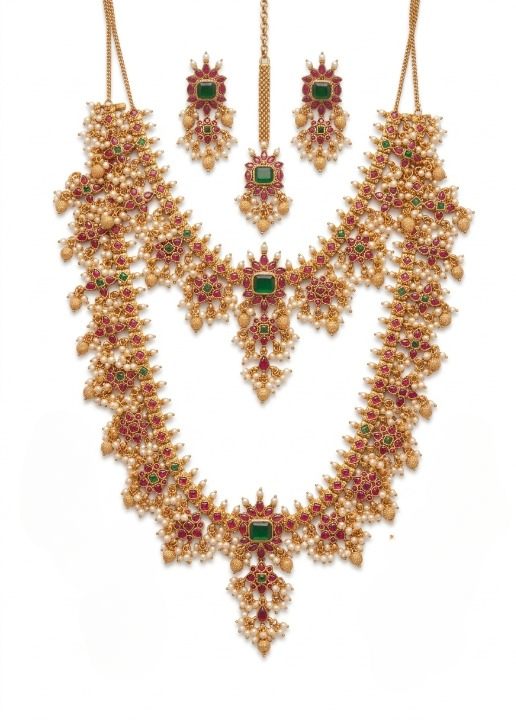 Jewel City Gold Plated Ruby Emerald Pearl Long Haram Necklace, Earrings & Maang Tikka | Grocsy