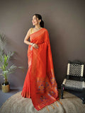 Joban Fashion Orange Jacquard Butti Soft Lichi Silk Paithani Saree | Grocsy