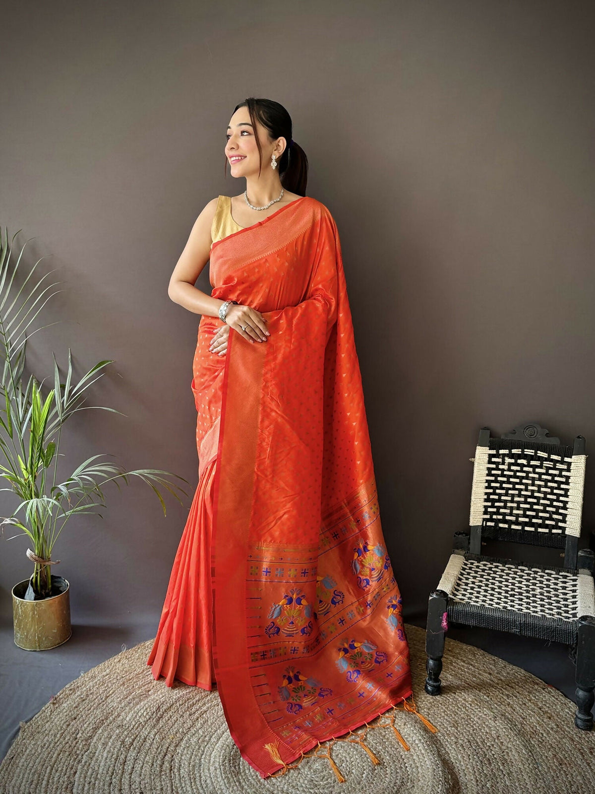 Joban Fashion Orange Jacquard Butti Soft Lichi Silk Paithani Saree | Grocsy