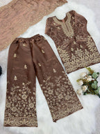 Teeya Creation Girls Heavy Embroidery Brown Ethnic Kurta And Palazzo Set With Net Dupatta | Grocsy