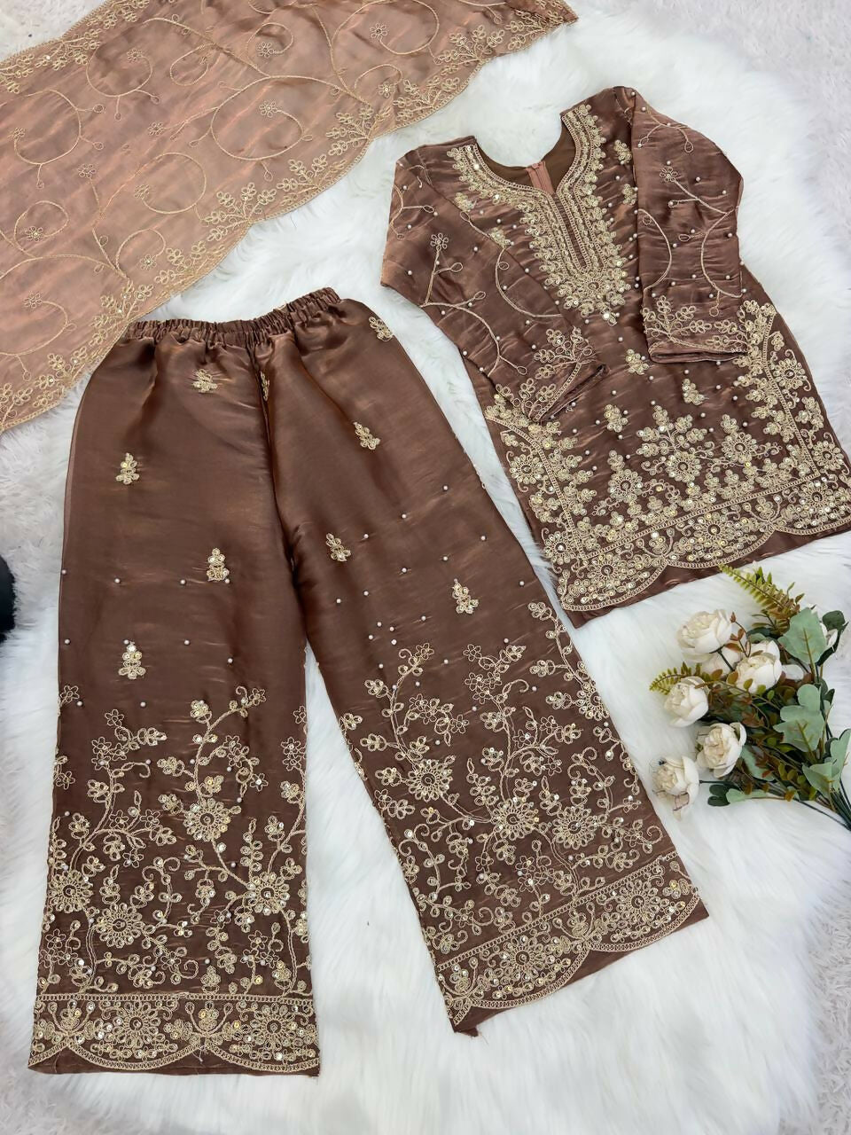 Teeya Creation Girls Heavy Embroidery Brown Ethnic Kurta And Palazzo Set With Net Dupatta | Grocsy
