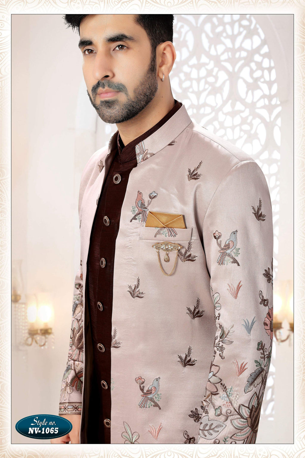 Joban Fashion Men's Skin Brown Straight Silk Thread And Sequence Embroidery All Over 3 Pc Kurta Set | Grocsy