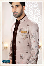 Joban Fashion Men's Skin Brown Straight Silk Thread And Sequence Embroidery All Over 3 Pc Kurta Set | Grocsy