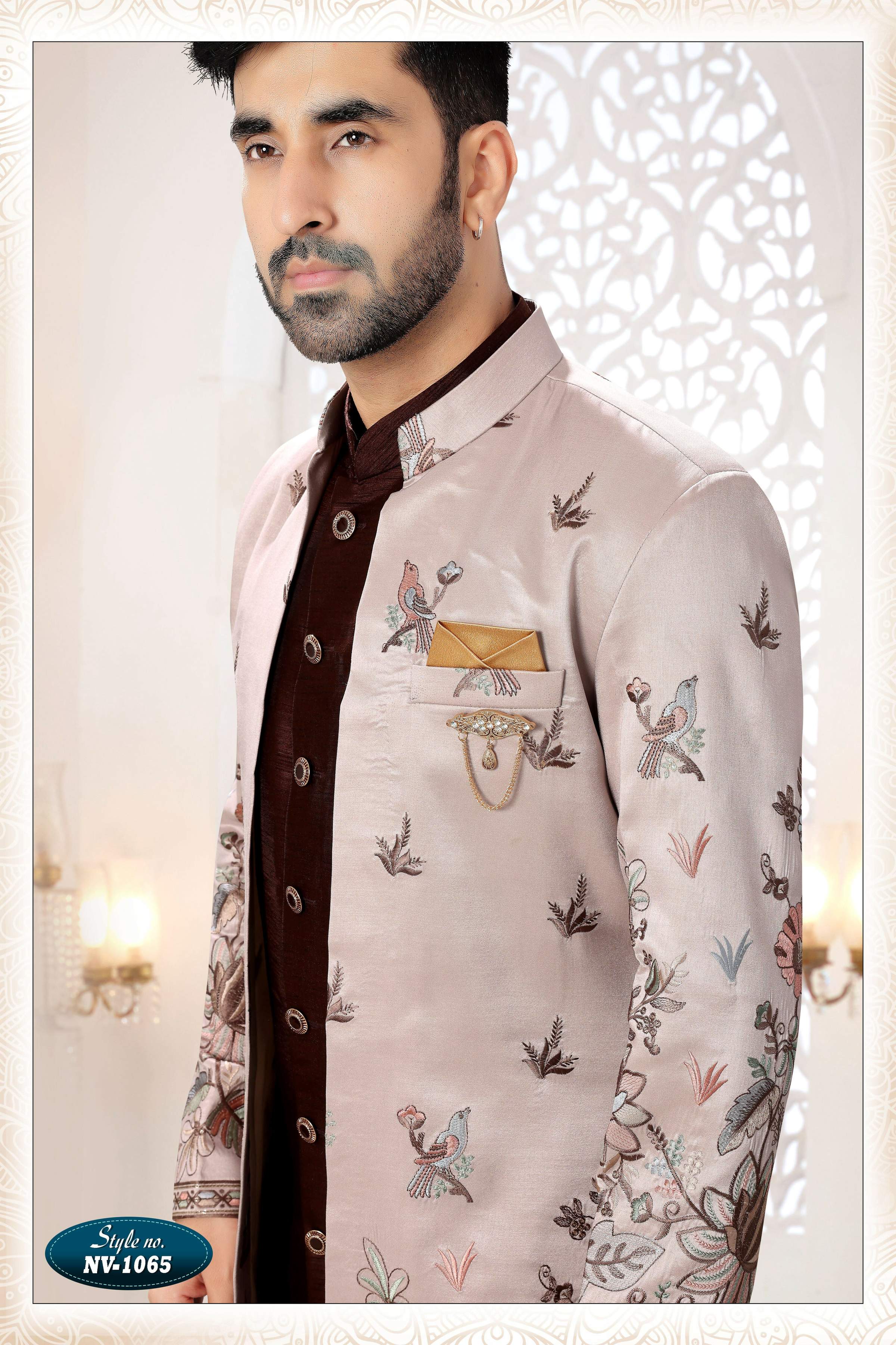 Joban Fashion Men's Skin Brown Straight Silk Thread And Sequence Embroidery All Over 3 Pc Kurta Set | Grocsy
