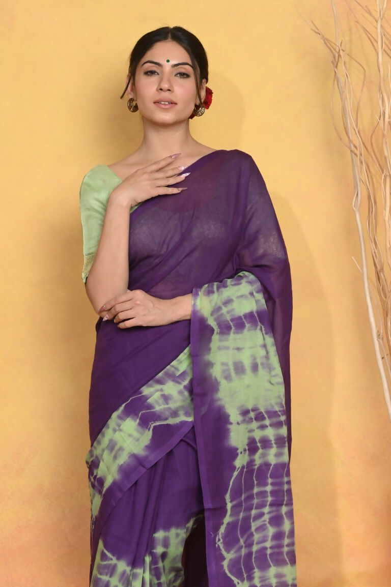 Very Much Indian Tie & Dye Handloom Mul Cotton Saree - Blue Green | Grocsy