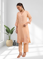 Joban Fashion Coral Linen Embroidered Readymade Long Kurta With Pant | Grocsy