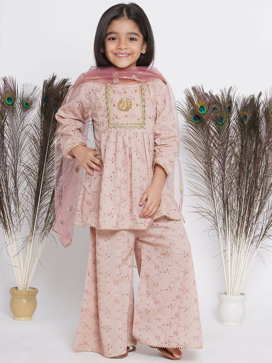 Little Bansi Floral Shiffli Kurta With Plazzo And Dupatta - Brown | Grocsy