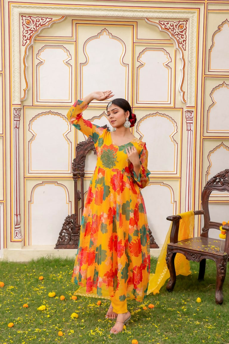 Vaasva Women Mustard Organza Multi Floral Print & Embroidered Anarkali Kurta, Pant & Dupatta set | Grocsy