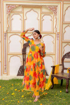 Vaasva Women Mustard Organza Multi Floral Print & Embroidered Anarkali Kurta, Pant & Dupatta set | Grocsy
