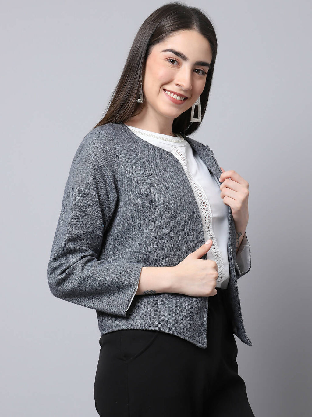 Even Apparels Grey Pure Wool Open Front Statement Jacket | Grocsy
