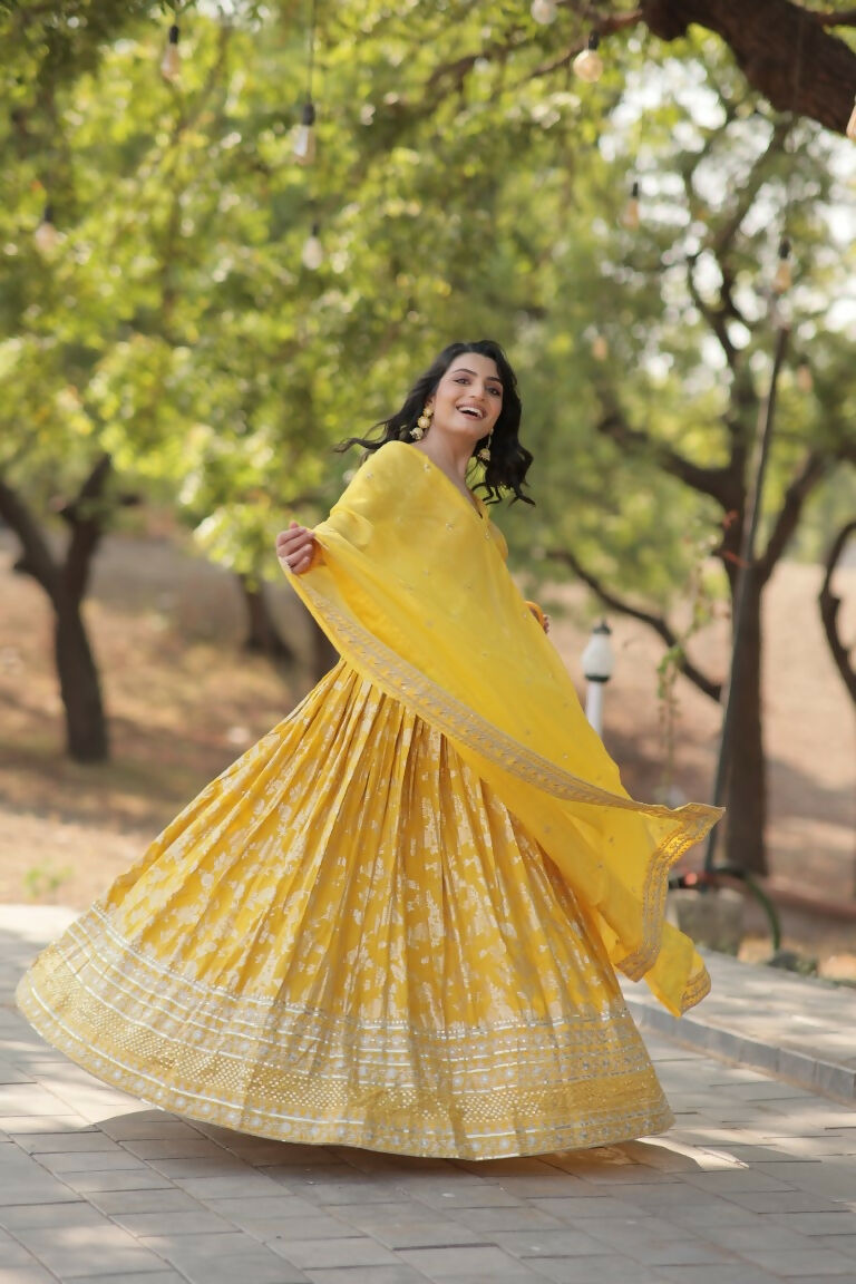 Vastranavya Designer Dyeable Pure Viscose Jacquard Fabric Lehenga Choli & Dupatta Set - Yellow | Grocsy