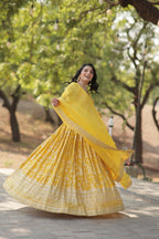 Vastranavya Designer Dyeable Pure Viscose Jacquard Fabric Lehenga Choli & Dupatta Set - Yellow | Grocsy