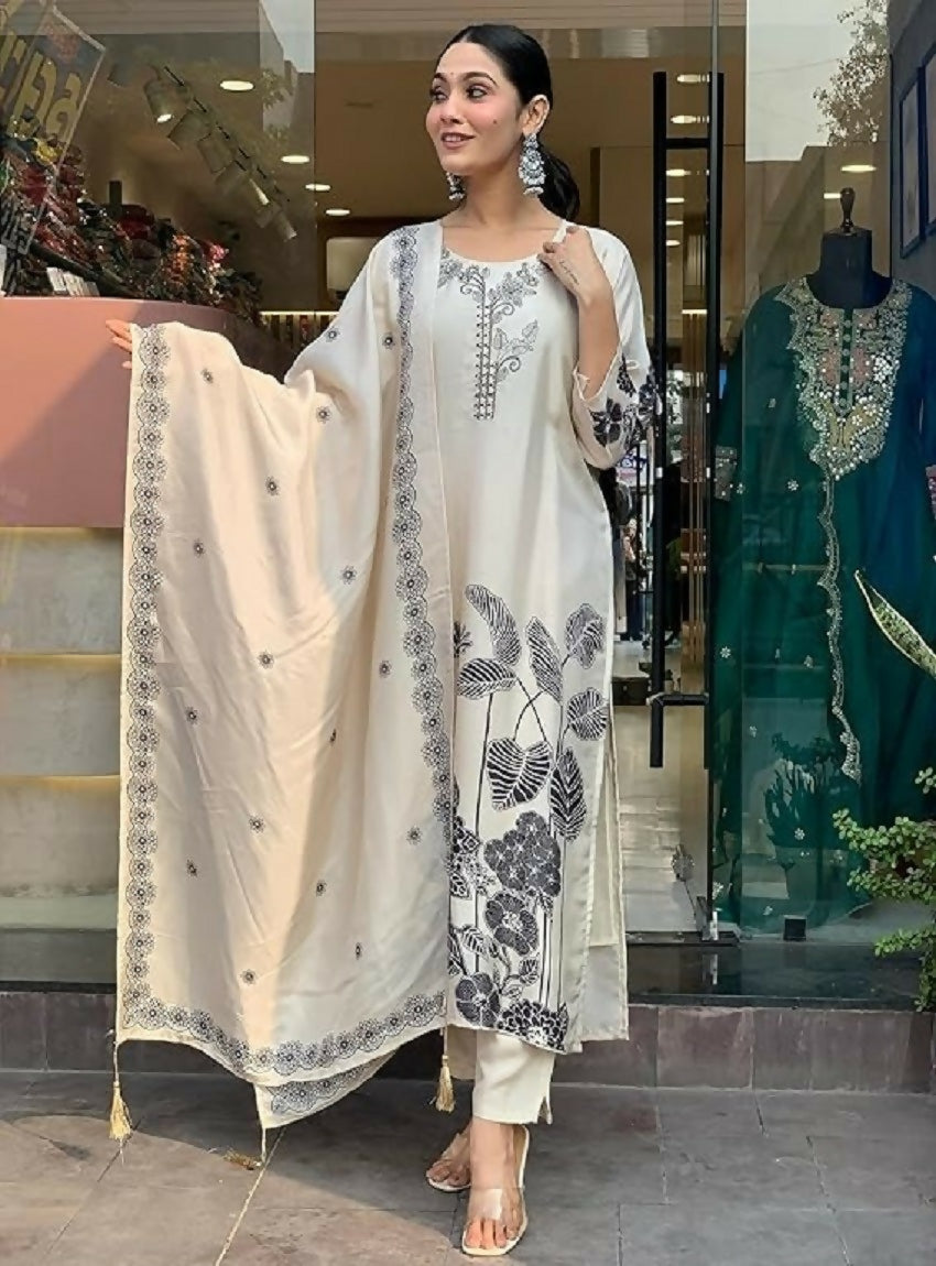 Teeya Creation New Womens Off-White Handloom Silk Embroidered Kurti Pant Set | Grocsy