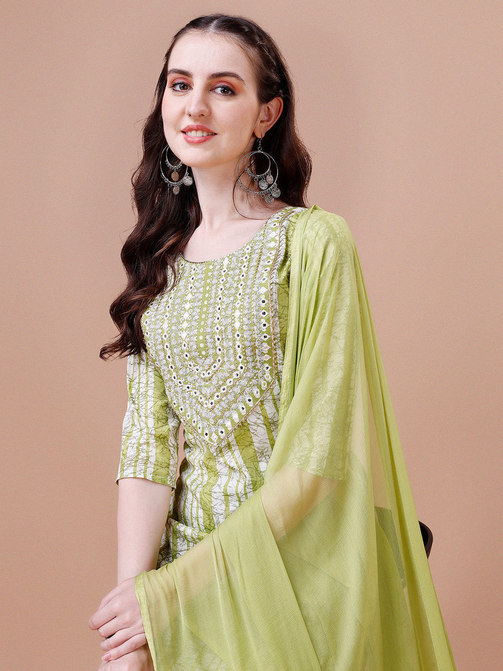 Mirror Embroidered & Striped Printed Cotton Kurta With Pant & Dupatta Set, Multicolor - Hiral Fashion | Grocsy
