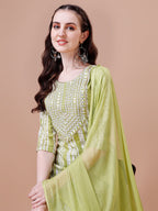 Mirror Embroidered & Striped Printed Cotton Kurta With Pant & Dupatta Set, Multicolor - Hiral Fashion | Grocsy