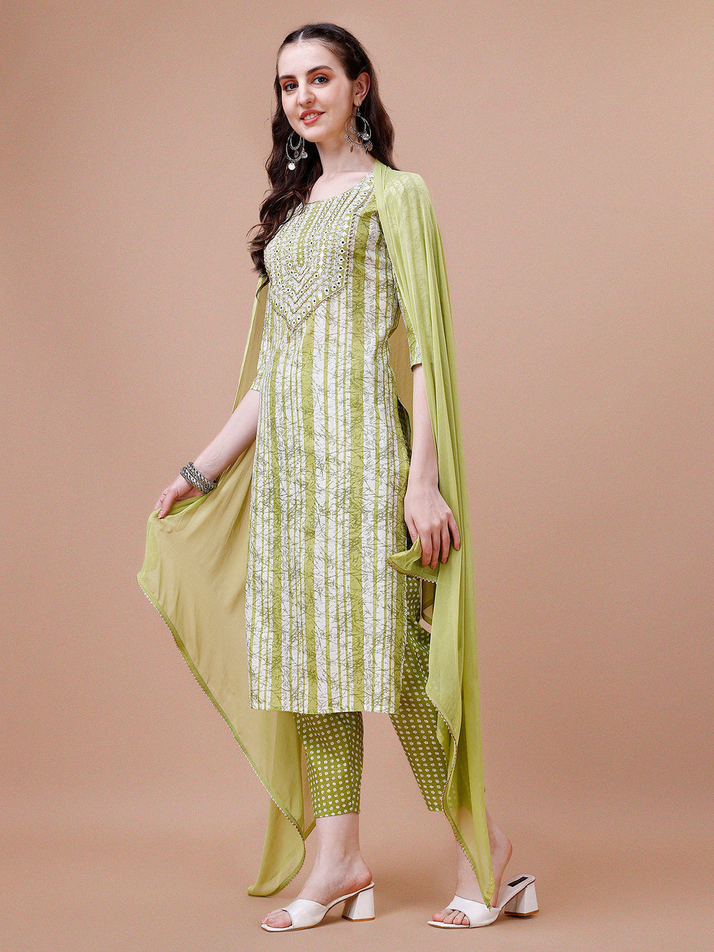Mirror Embroidered & Striped Printed Cotton Kurta With Pant & Dupatta Set, Multicolor - Hiral Fashion | Grocsy