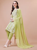 Mirror Embroidered & Striped Printed Cotton Kurta With Pant & Dupatta Set, Multicolor - Hiral Fashion | Grocsy