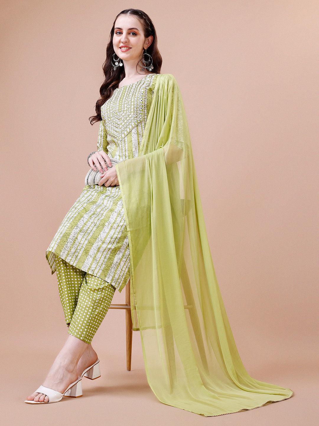 Mirror Embroidered & Striped Printed Cotton Kurta With Pant & Dupatta Set, Multicolor - Hiral Fashion | Grocsy