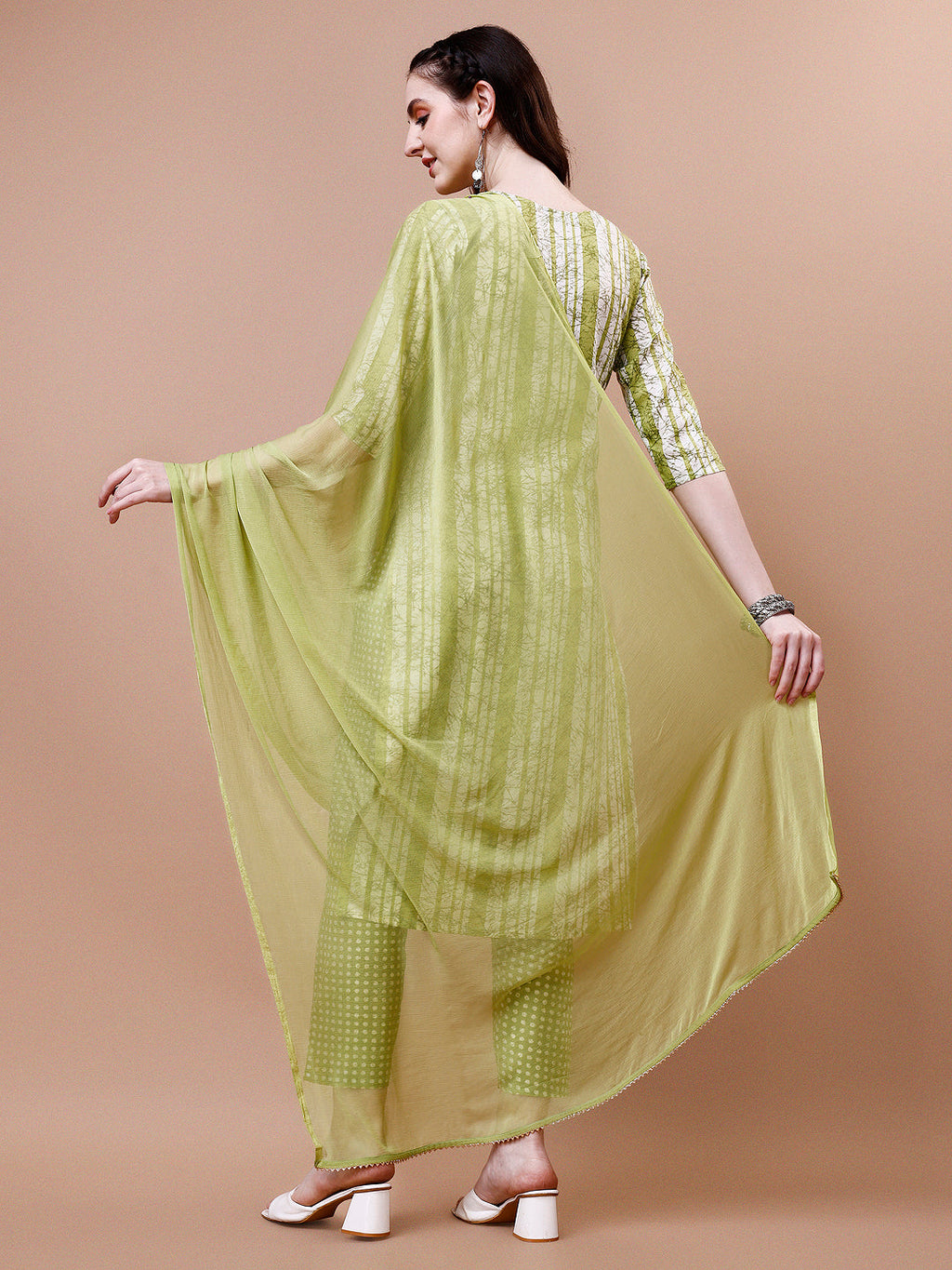 Mirror Embroidered & Striped Printed Cotton Kurta With Pant & Dupatta Set, Multicolor - Hiral Fashion | Grocsy