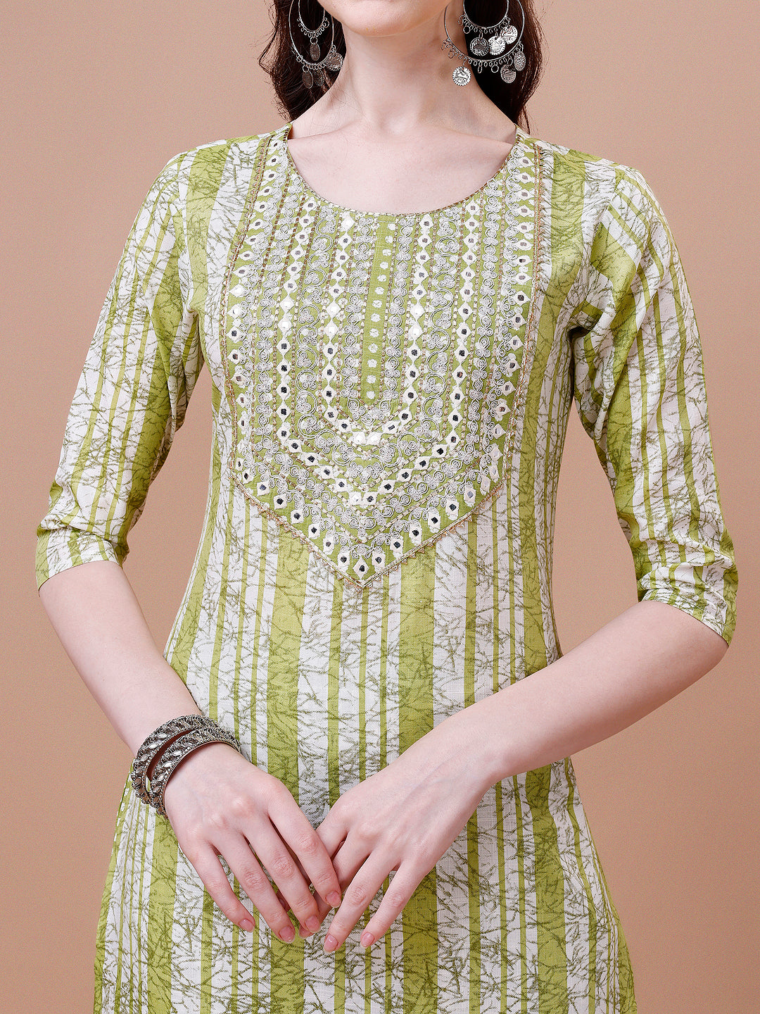 Mirror Embroidered & Striped Printed Cotton Kurta With Pant & Dupatta Set, Multicolor - Hiral Fashion | Grocsy
