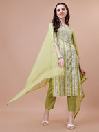 Mirror Embroidered & Striped Printed Cotton Kurta With Pant & Dupatta Set, Multicolor - Hiral Fashion | Grocsy