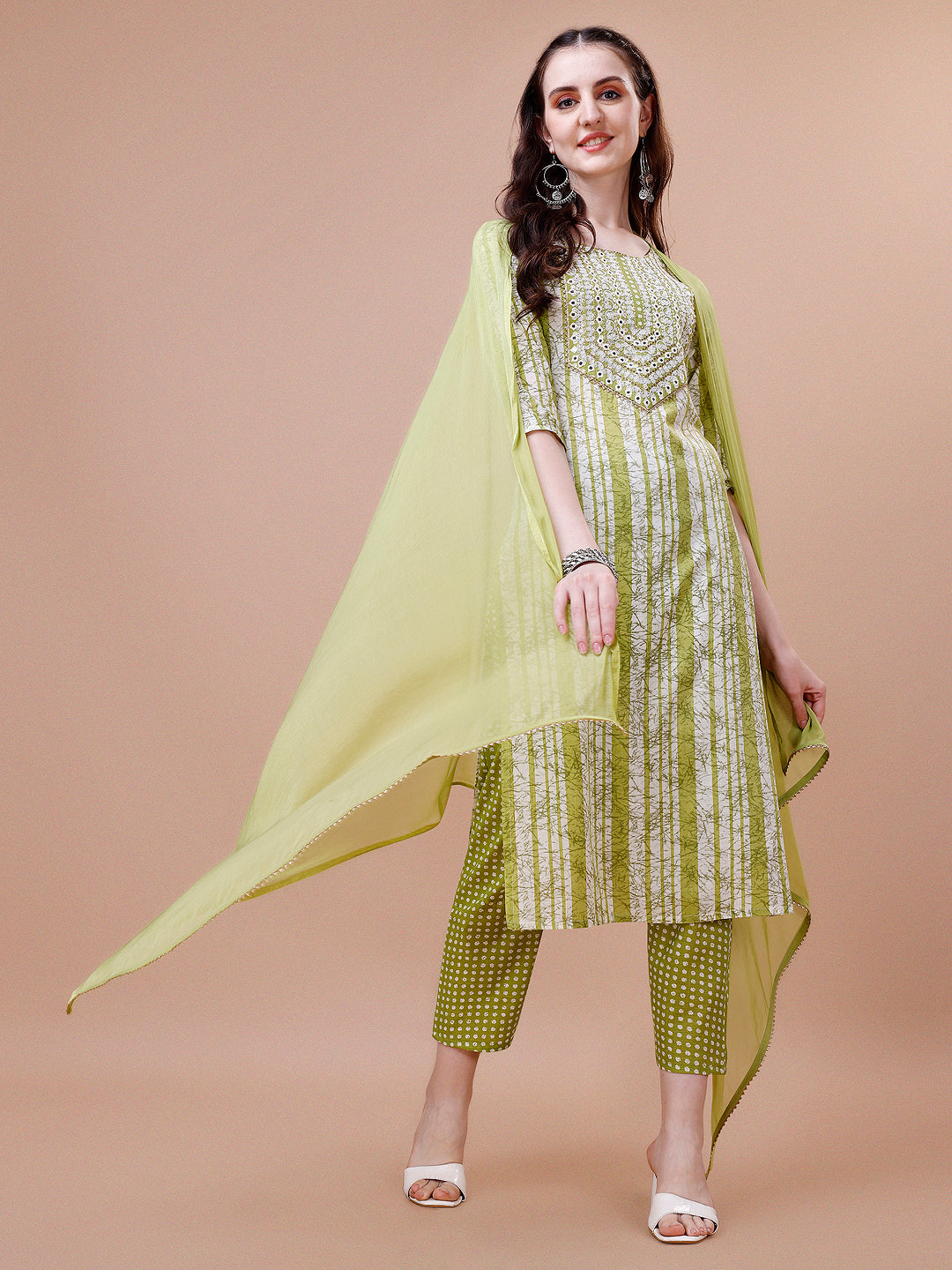 Mirror Embroidered & Striped Printed Cotton Kurta With Pant & Dupatta Set, Multicolor - Hiral Fashion | Grocsy