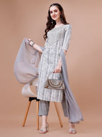 Mirror Embroidered & Striped Printed Cotton Kurta With Pant & Dupatta Set, Multicolor - Hiral Fashion | Grocsy