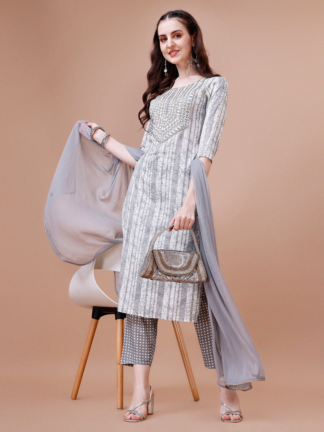 Mirror Embroidered & Striped Printed Cotton Kurta With Pant & Dupatta Set, Multicolor - Hiral Fashion | Grocsy