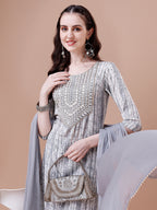 Mirror Embroidered & Striped Printed Cotton Kurta With Pant & Dupatta Set, Multicolor - Hiral Fashion | Grocsy