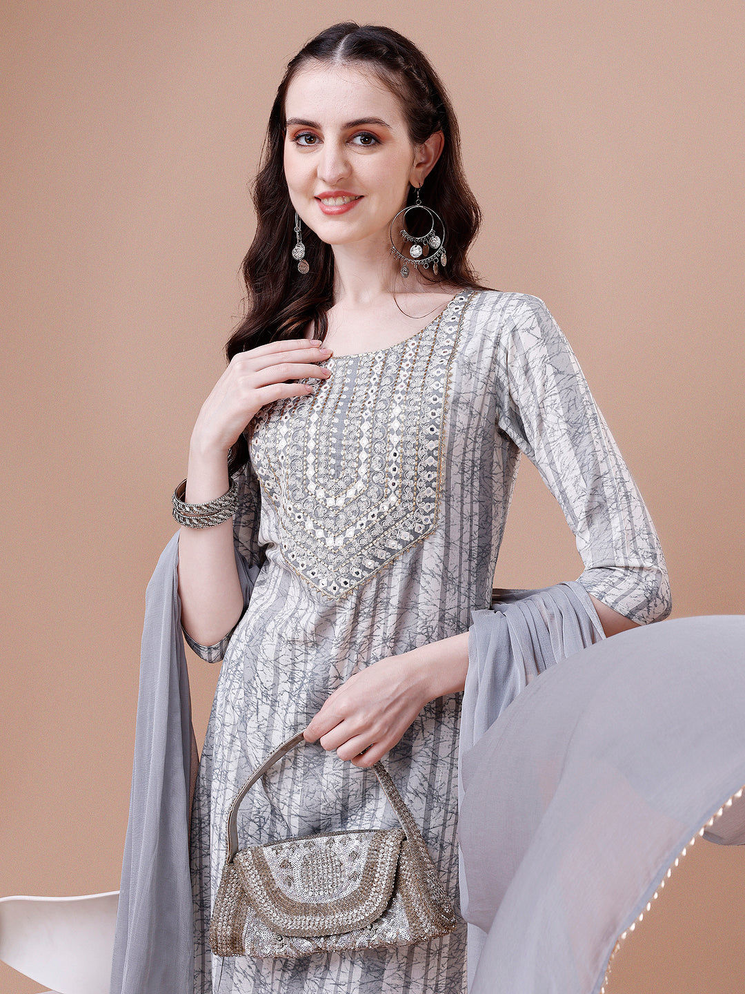 Mirror Embroidered & Striped Printed Cotton Kurta With Pant & Dupatta Set, Multicolor - Hiral Fashion | Grocsy