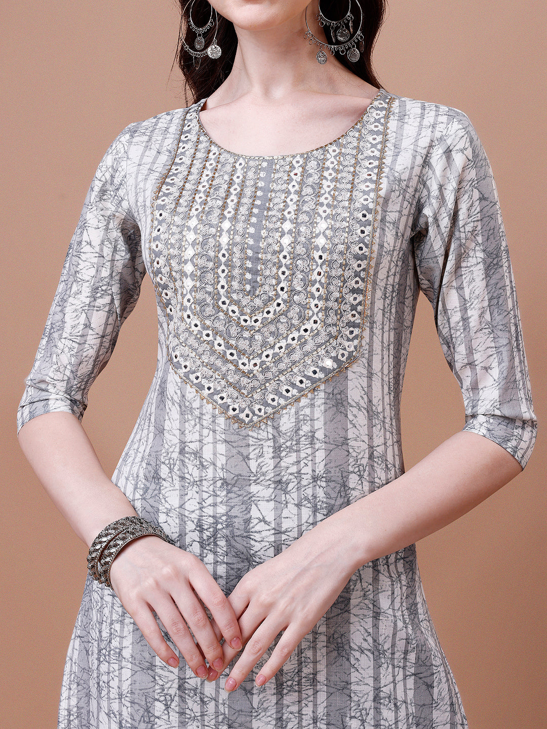Mirror Embroidered & Striped Printed Cotton Kurta With Pant & Dupatta Set, Multicolor - Hiral Fashion | Grocsy