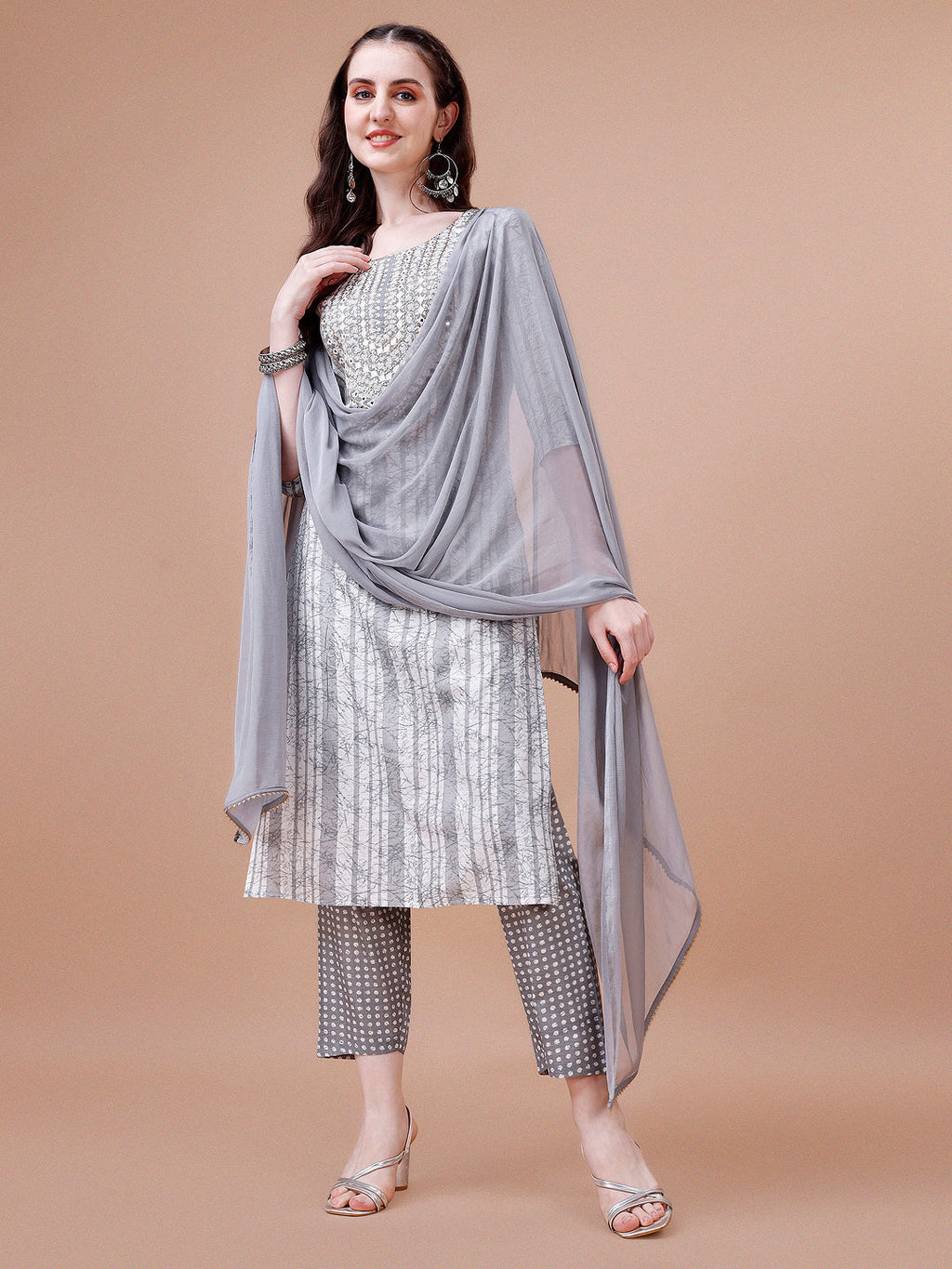Mirror Embroidered & Striped Printed Cotton Kurta With Pant & Dupatta Set, Multicolor - Hiral Fashion | Grocsy
