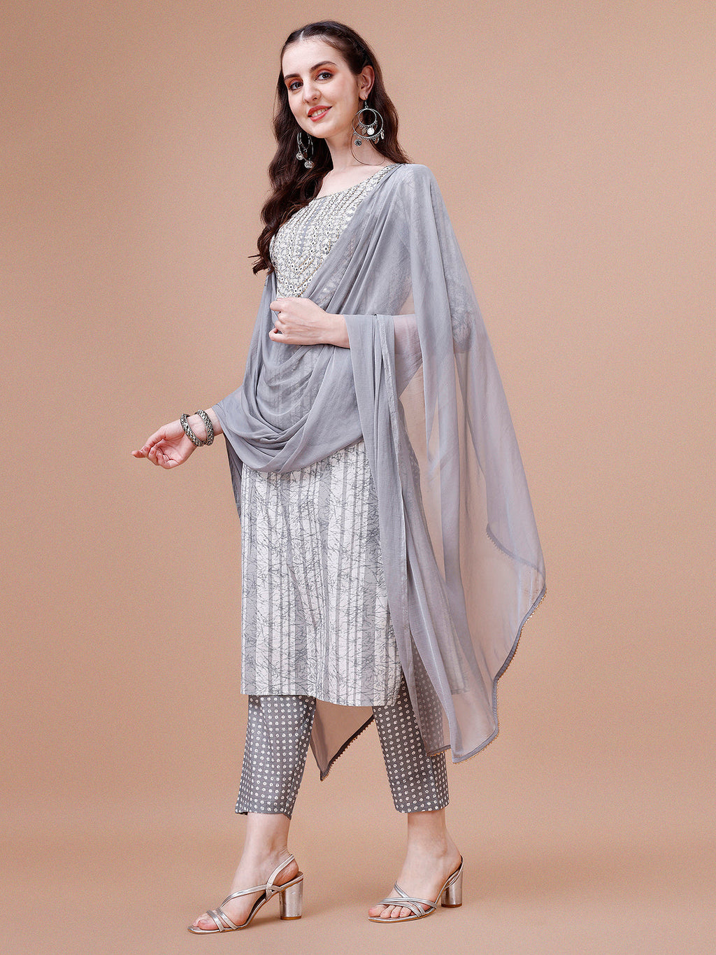 Mirror Embroidered & Striped Printed Cotton Kurta With Pant & Dupatta Set, Multicolor - Hiral Fashion | Grocsy