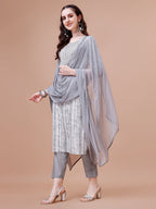 Mirror Embroidered & Striped Printed Cotton Kurta With Pant & Dupatta Set, Multicolor - Hiral Fashion | Grocsy