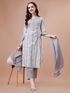 Mirror Embroidered & Striped Printed Cotton Kurta With Pant & Dupatta Set, Multicolor - Hiral Fashion | Grocsy