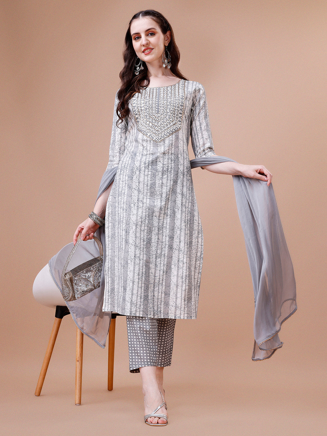 Mirror Embroidered & Striped Printed Cotton Kurta With Pant & Dupatta Set, Multicolor - Hiral Fashion | Grocsy