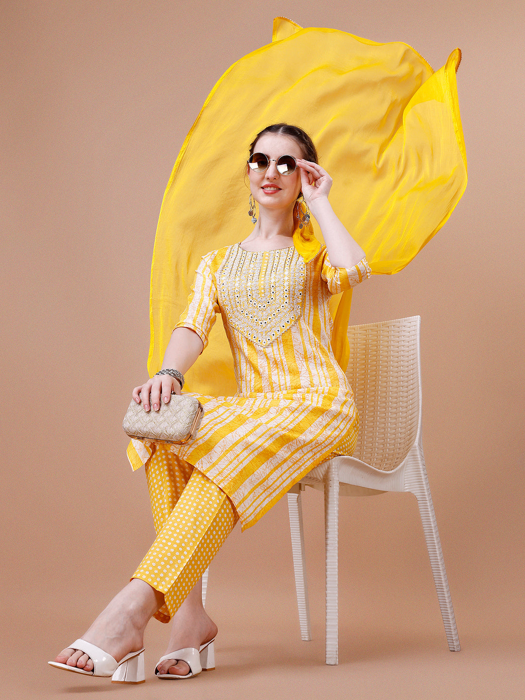 Mirror Embroidered & Striped Printed Cotton Kurta With Pant & Dupatta Set, Multicolor - Hiral Fashion | Grocsy