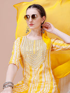 Mirror Embroidered & Striped Printed Cotton Kurta With Pant & Dupatta Set, Multicolor - Hiral Fashion | Grocsy
