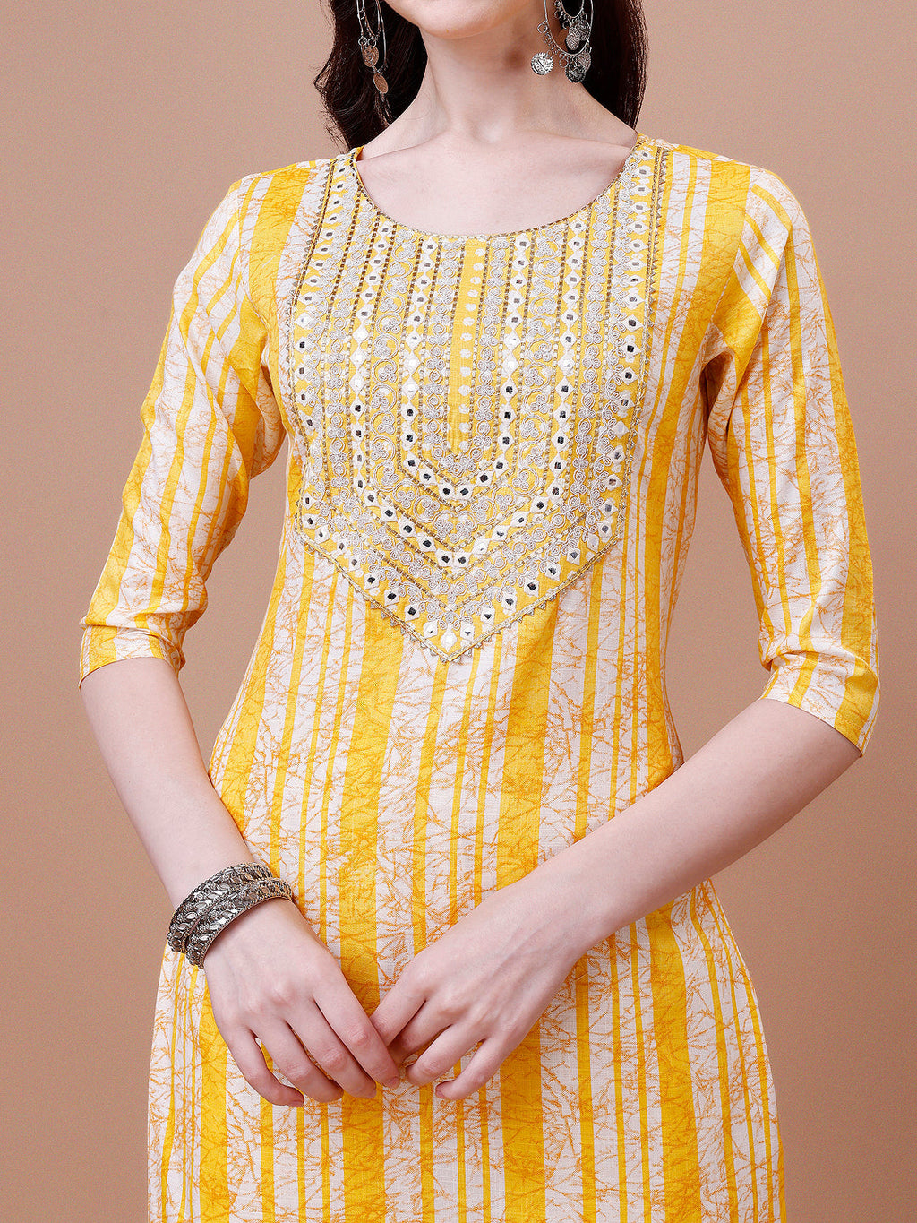 Mirror Embroidered & Striped Printed Cotton Kurta With Pant & Dupatta Set, Multicolor - Hiral Fashion | Grocsy