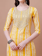 Mirror Embroidered & Striped Printed Cotton Kurta With Pant & Dupatta Set, Multicolor - Hiral Fashion | Grocsy